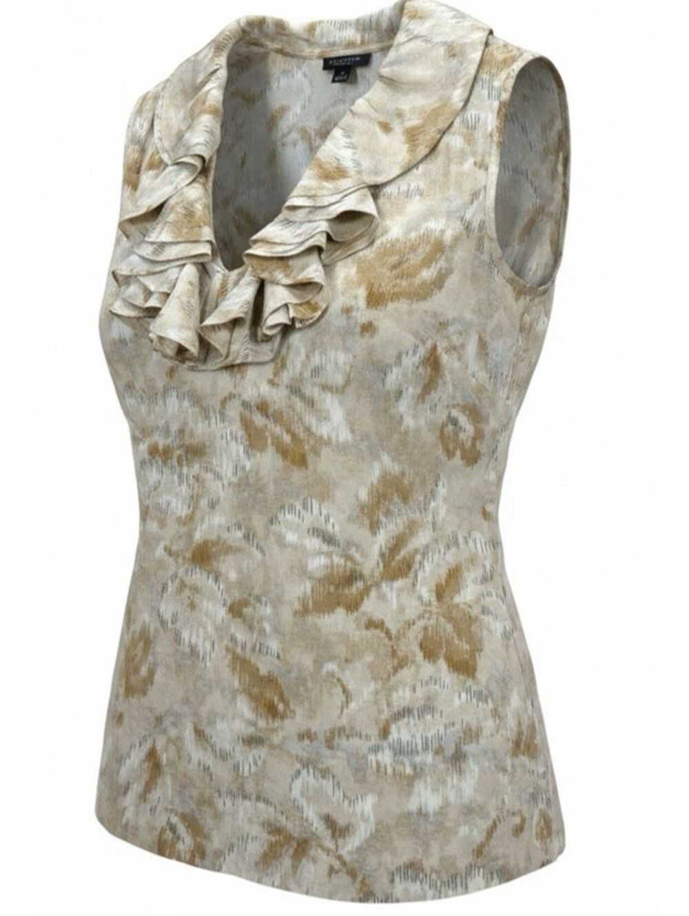 Talbots Size 4 100% Silk Sleeveless Ruffled V-neck Beige Print Top Beach Coastal